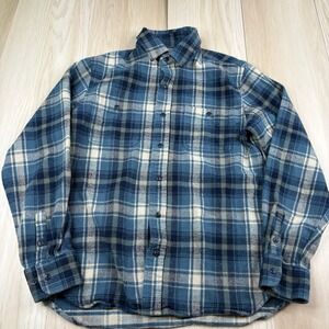Schott Bros Flannel Button Front Flannel Shirt Blue Plaid Long Sleeve M Medium